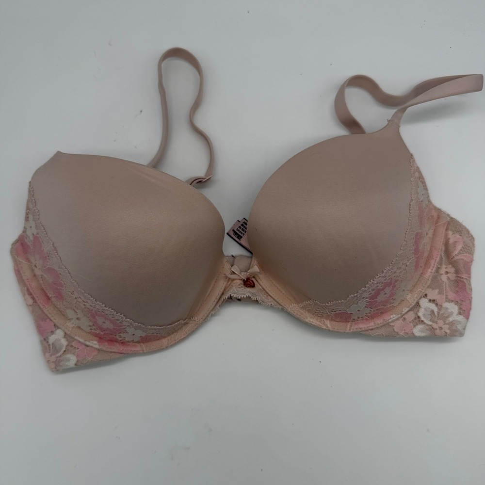 Victoria's Secret Body By Victoria Push-Up Bra 34D Beige Pink Floral Lace Trim
